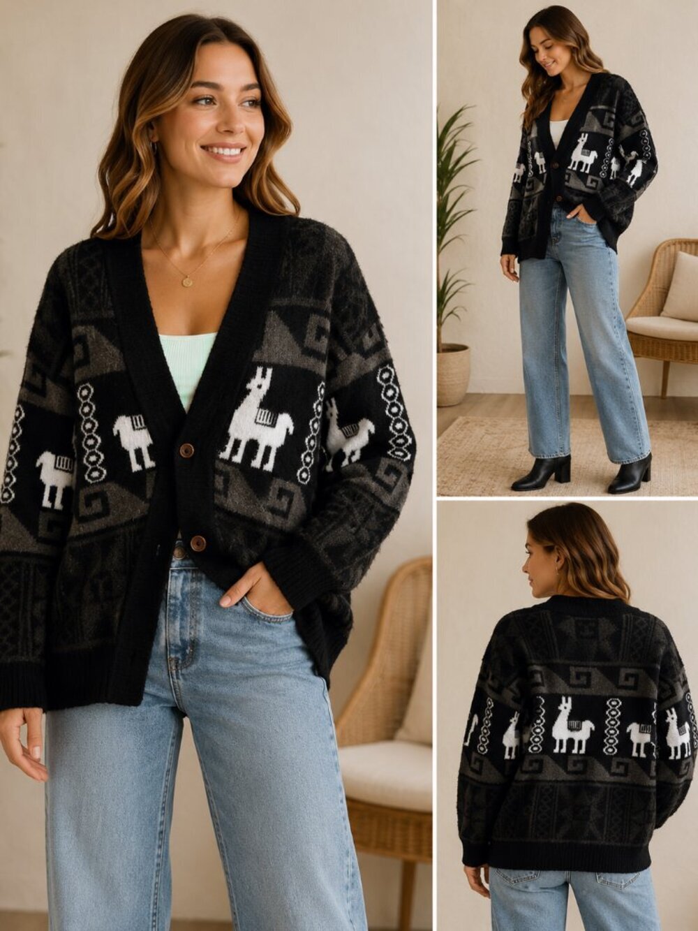1980's Vintage Tejidos Rumiñahui Wool Alpaca Western Cardigan size XL